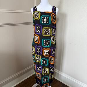 Vintage Womens Dress Est Size L Black Lime Orange Geometric Sleeveless Dress